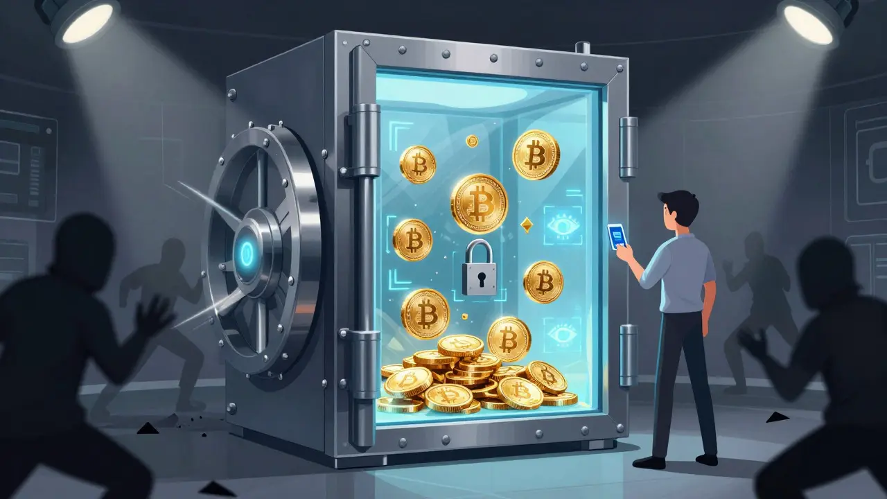 Secure digital vault protecting crypto assets from shadowy hackers in illustration style