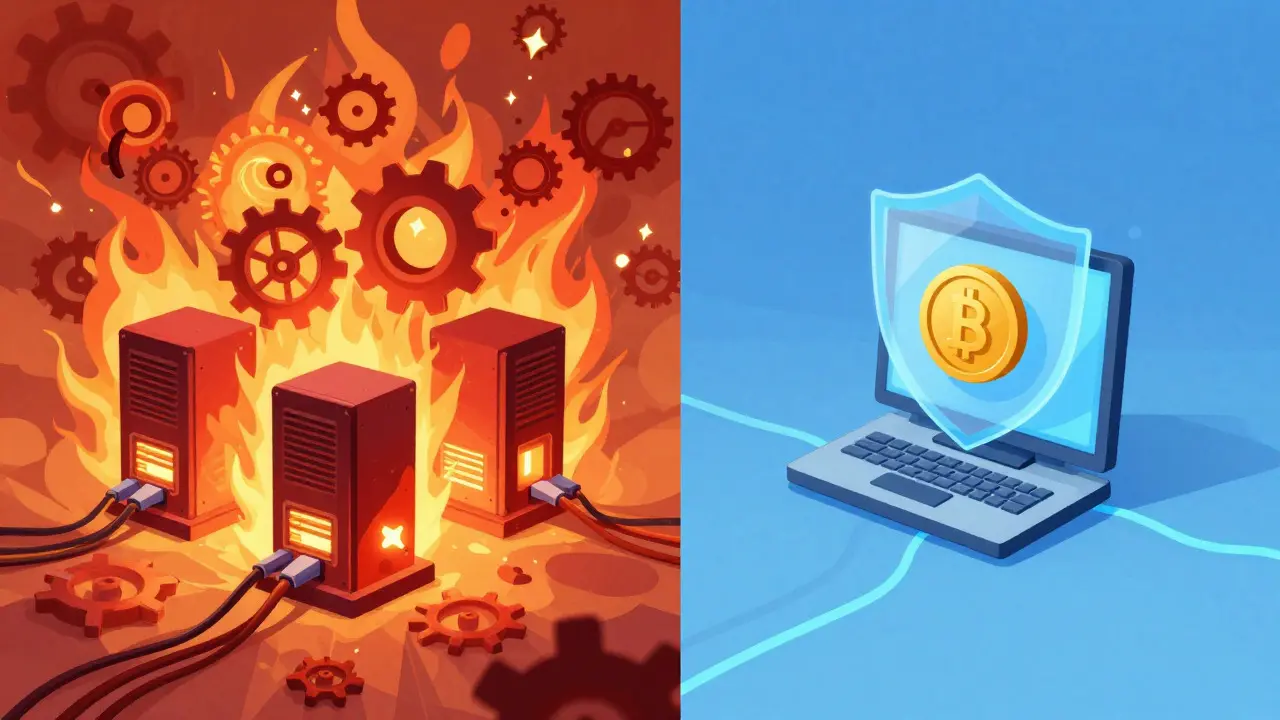 Split image showing high-energy proof-of-work vs low-energy proof-of-stake mining