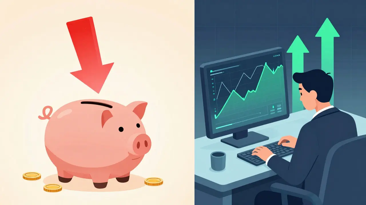 Split-screen cartoon comparing simple fee-based trading with advanced low-cost trading terminals