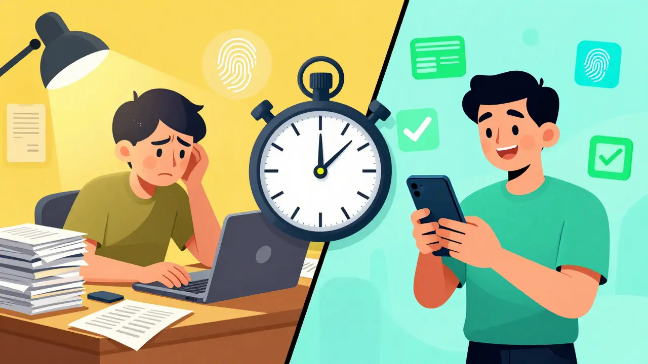 Split view comparing stressful manual paperwork with fast digital phone verification
