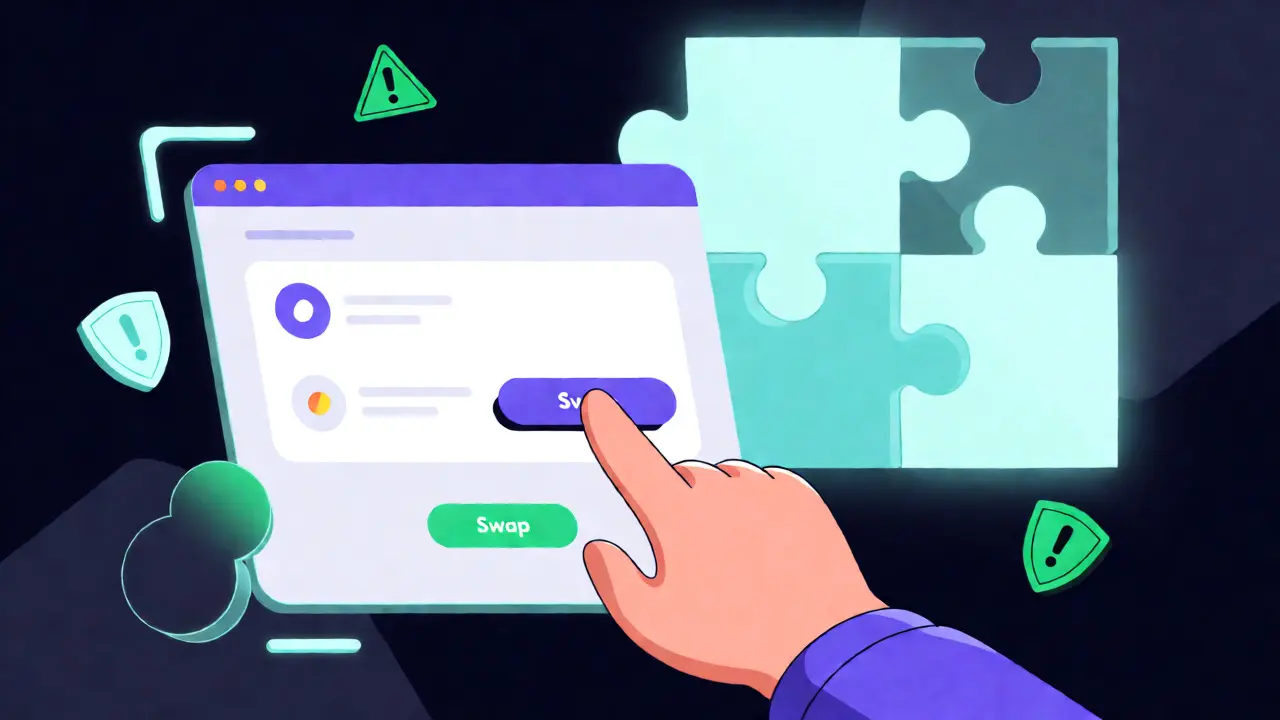 Stylized art of a user swapping tokens with light-weight fees, surrounded by geometric ZK-proof elements.