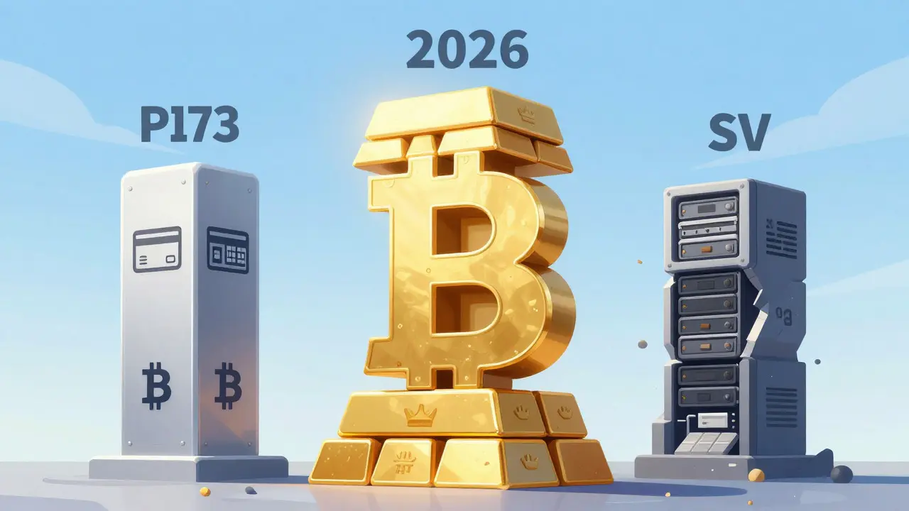 Three pillars representing BTC, BCH, and BSV