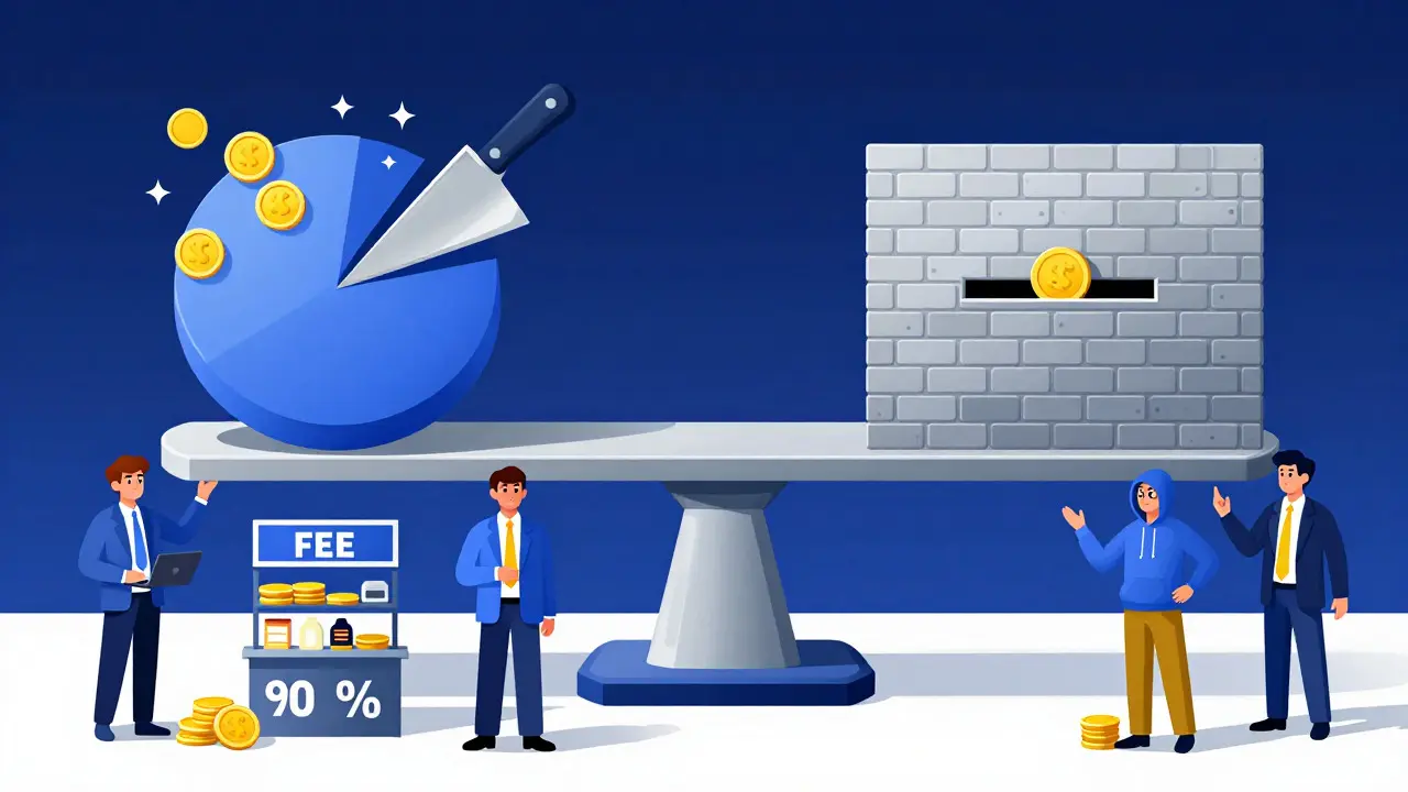 Visual metaphor contrasting variable percentage fees with fixed flat-rate payment models