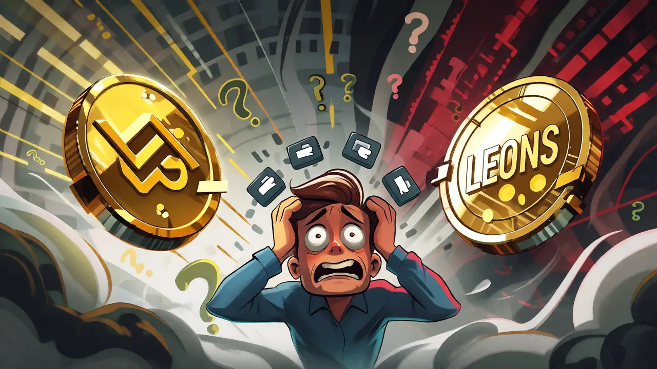 A confused trader juggles glitching LEOS and LEONS tokens against a chaotic backdrop of data streams and question marks.