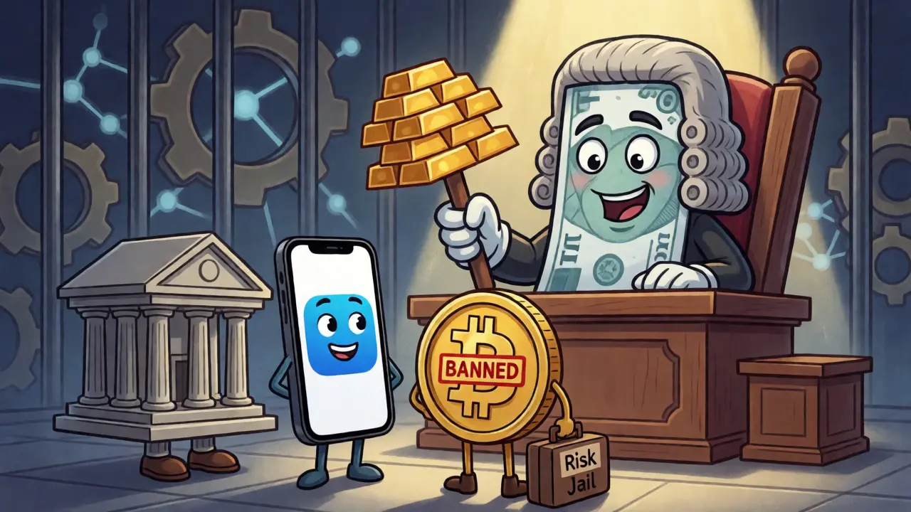A court scene where a Taka judge bans a nervous Bitcoin defendant