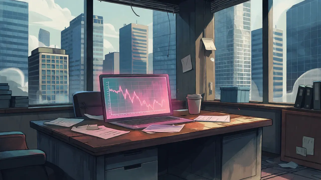 A lonely, abandoned trading desk with a faded chart, illustrating the closure of a cryptocurrency exchange platform.