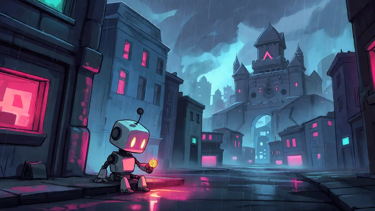 A lonely robot holding a token in a quiet, neon-lit futuristic city street.