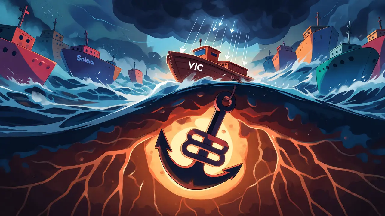 A small boat anchored by Coin98 stability amidst a turbulent crypto market sea.