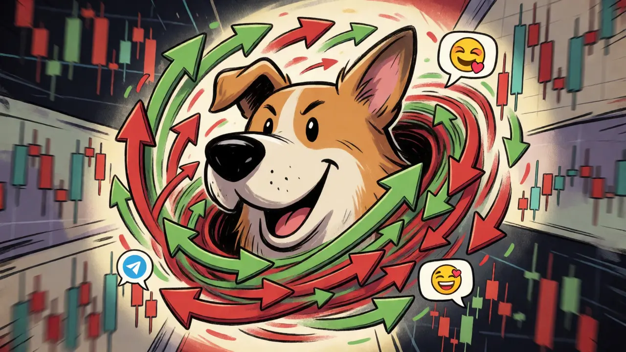Cartoon dog surrounded by volatile market arrows and social icons