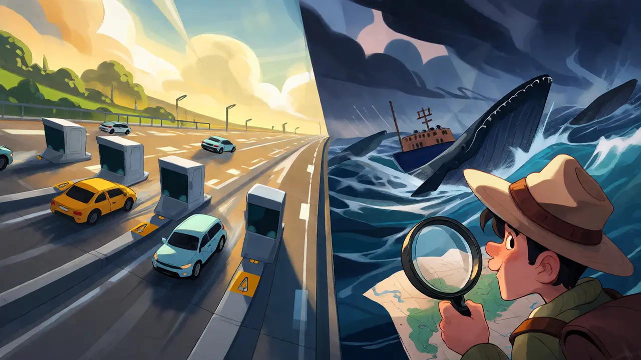 Cartoon scene contrasting fast retail trading paths with turbulent whale liquidity risks