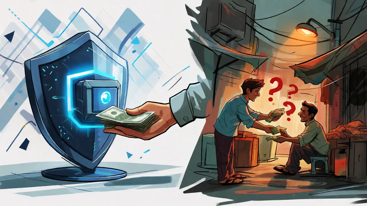 Concept art comparing secure exchange escrow vs risky informal agents