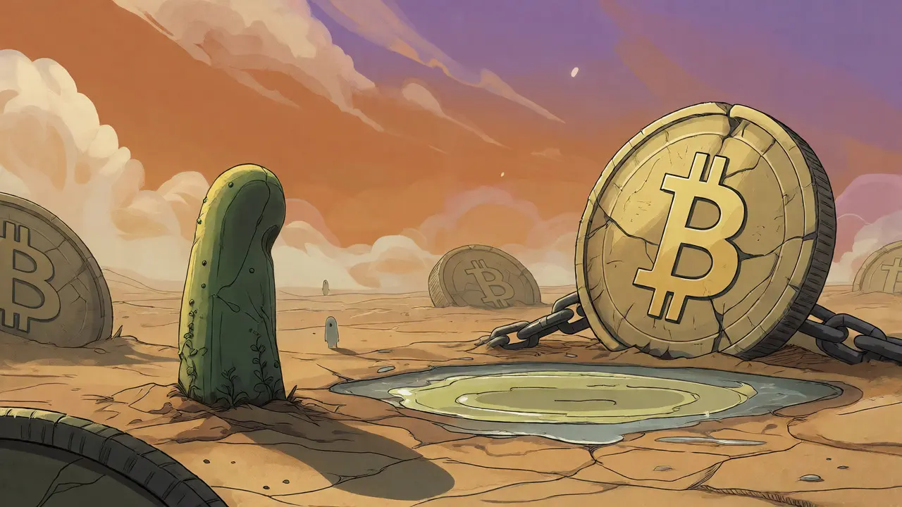 Desert scene with buried coins and an empty liquidity pool near a pickle statue.