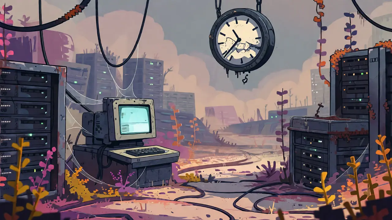 Desolate digital ghost town illustration with abandoned servers and dust