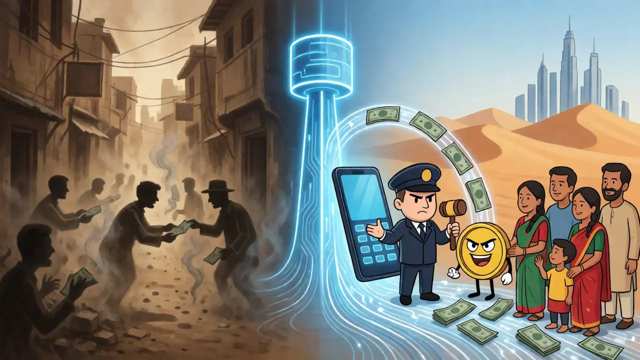 Digital mobile transfers replacing informal Hundi networks in a conceptual illustration