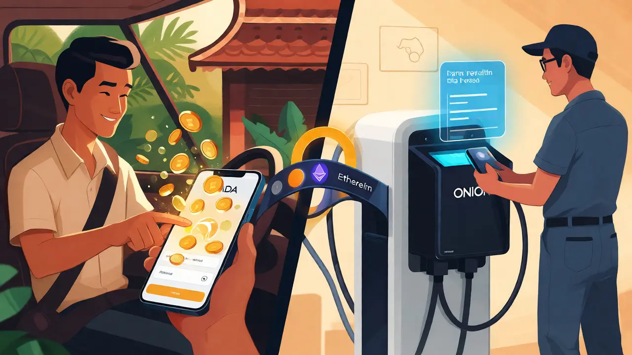Driver earning crypto rewards and mechanic scanning EV battery data in integrated ecosystem.