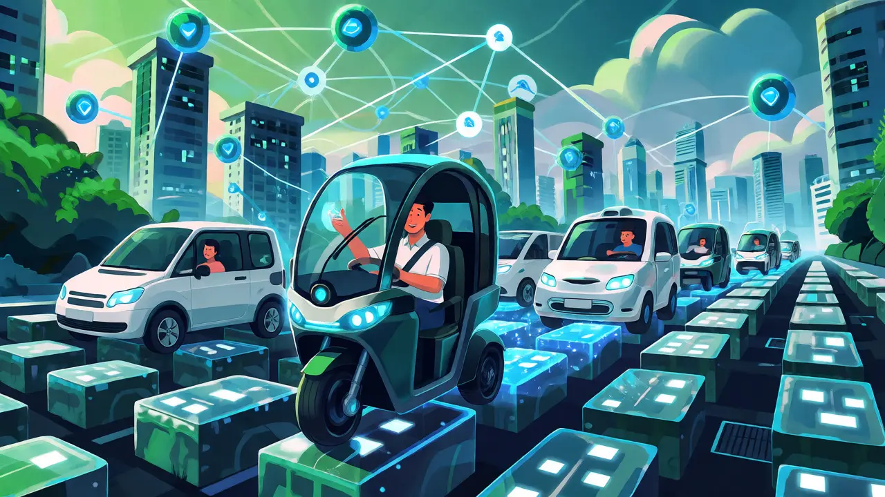 Futuristic city with vehicles leaving blockchain data trails and earning tokens.