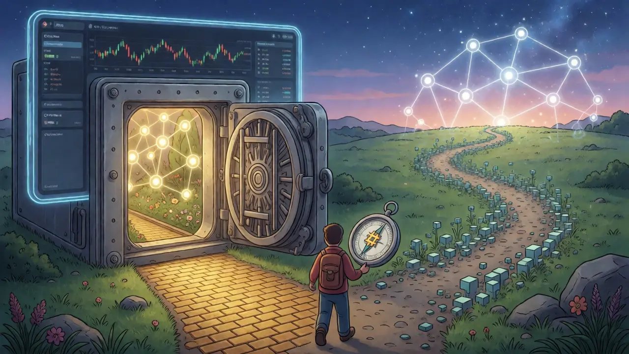 Futuristic concept art showing hybrid crypto paths between regulated banks and open networks.