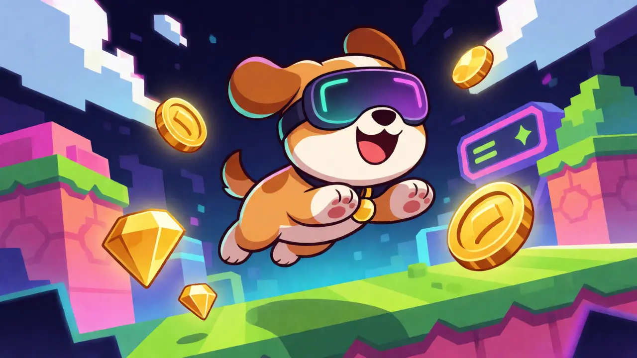 Gaming dog jumping through colorful Web3 game world