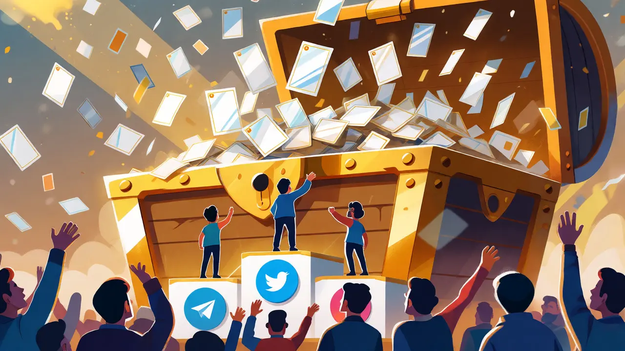 Golden treasure chest releasing thousands of football NFT cards to an eager crowd of social media users.