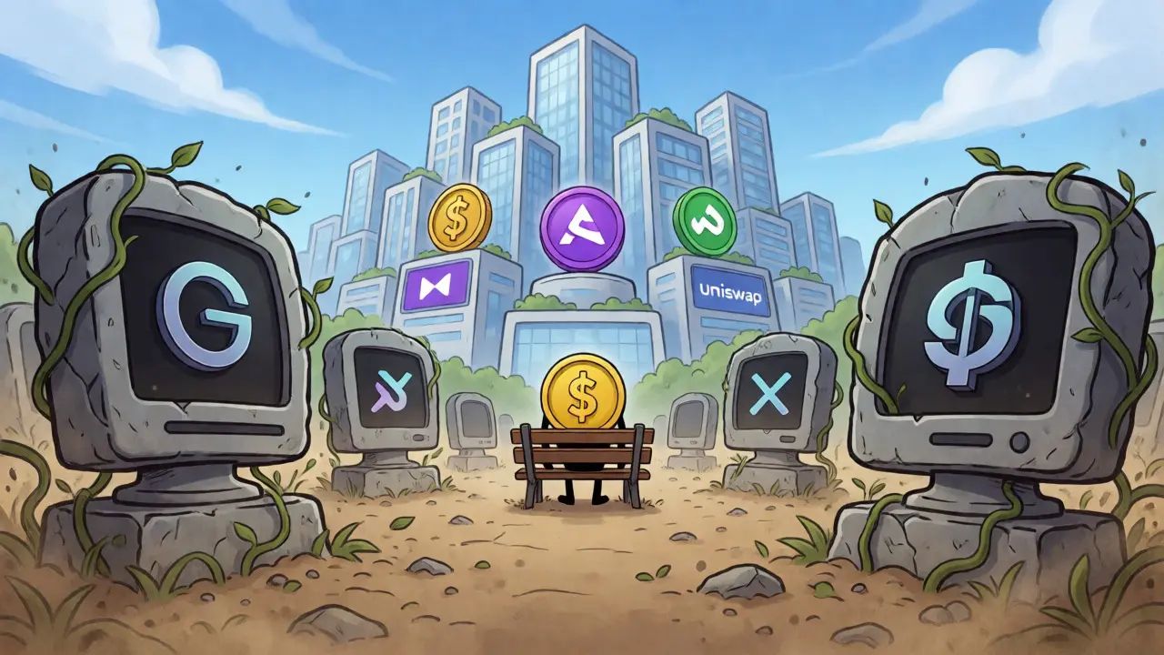 Graveyard of failed crypto projects facing thriving modern exchanges