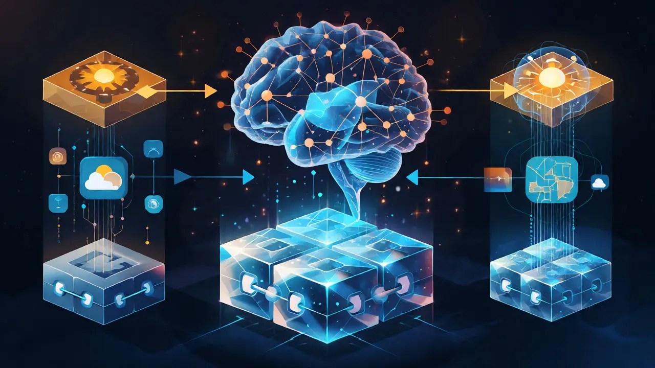 Illustration of the three-layer architecture powering AI-driven blockchain agreements.
