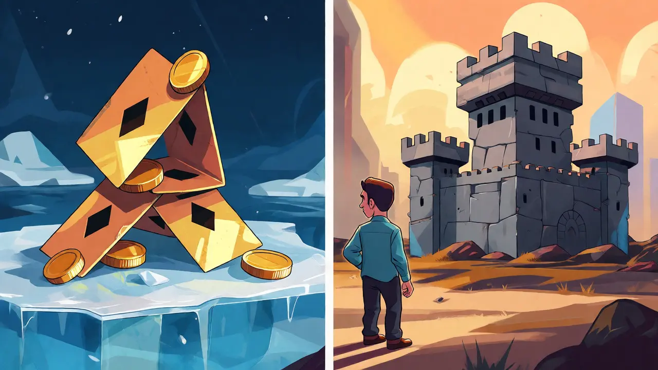 Investor choosing between a fragile coin stack and a secure fortress