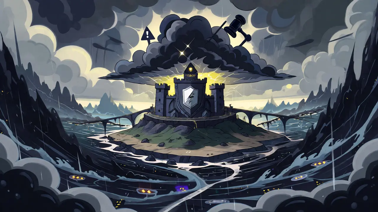 Isolated fortress on a floating island amidst stormy data oceans and broken bridges.
