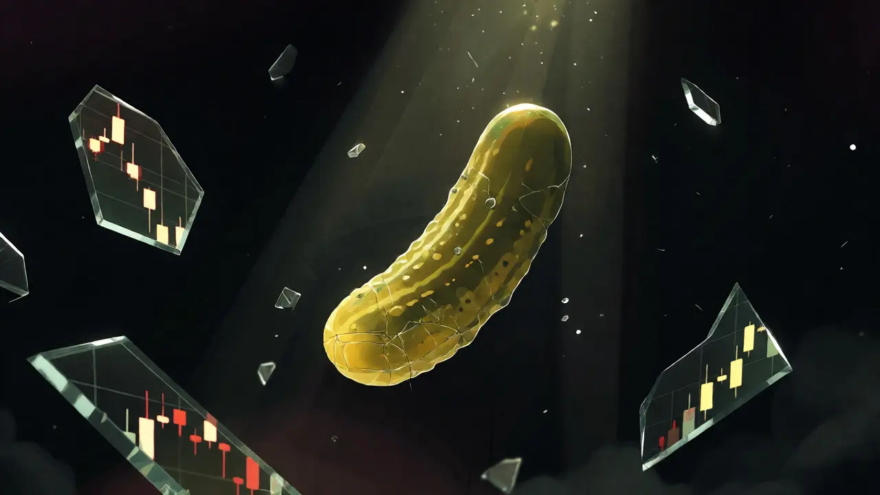 Isolated pickle in darkness surrounded by shattered mirror fragments showing price crashes.