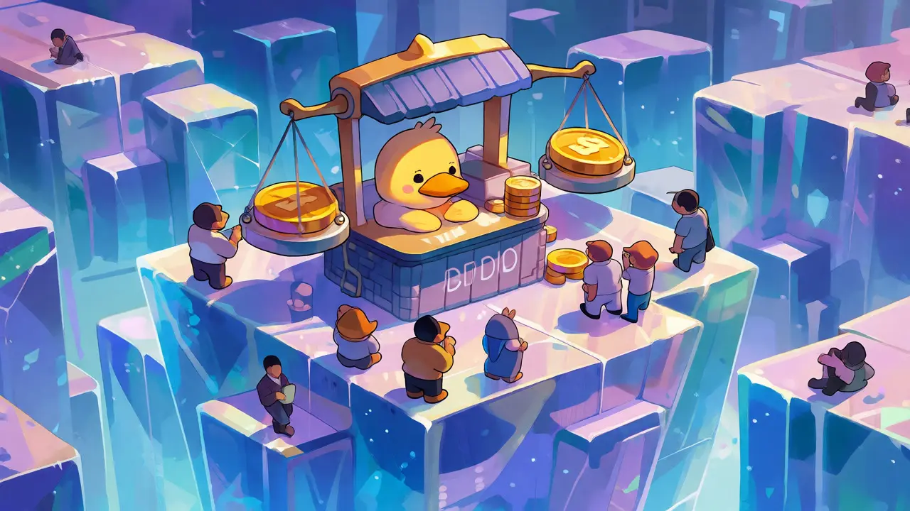 Miniature cartoon trading scene with ducks swapping crypto