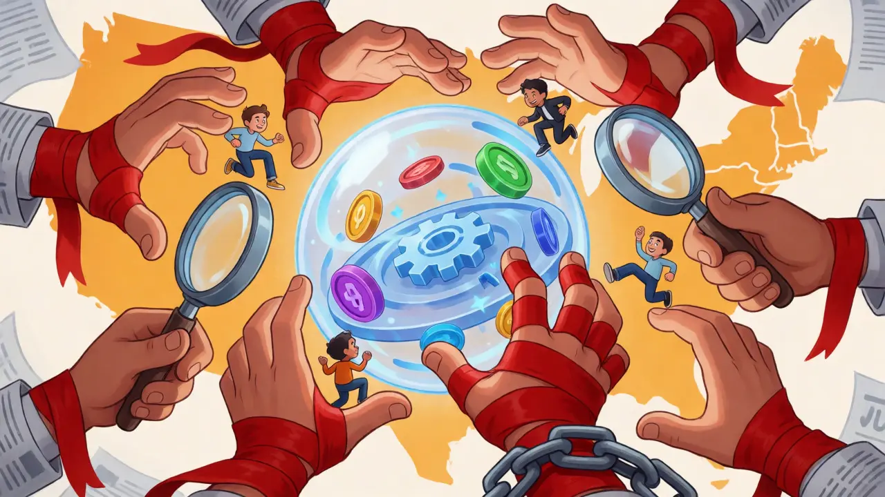 Regulators wrapping a decentralized exchange sphere in red tape while users bypass restrictions.