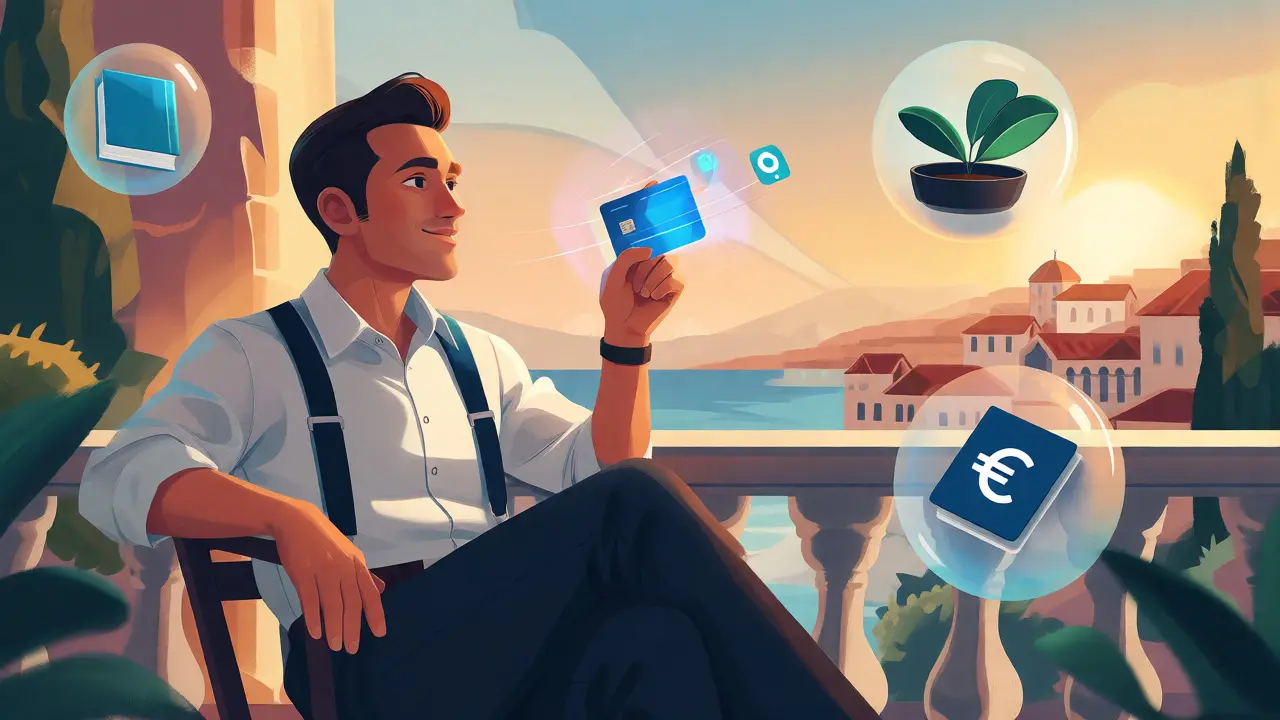 Relaxed investor spending crypto with a debit card on a balcony