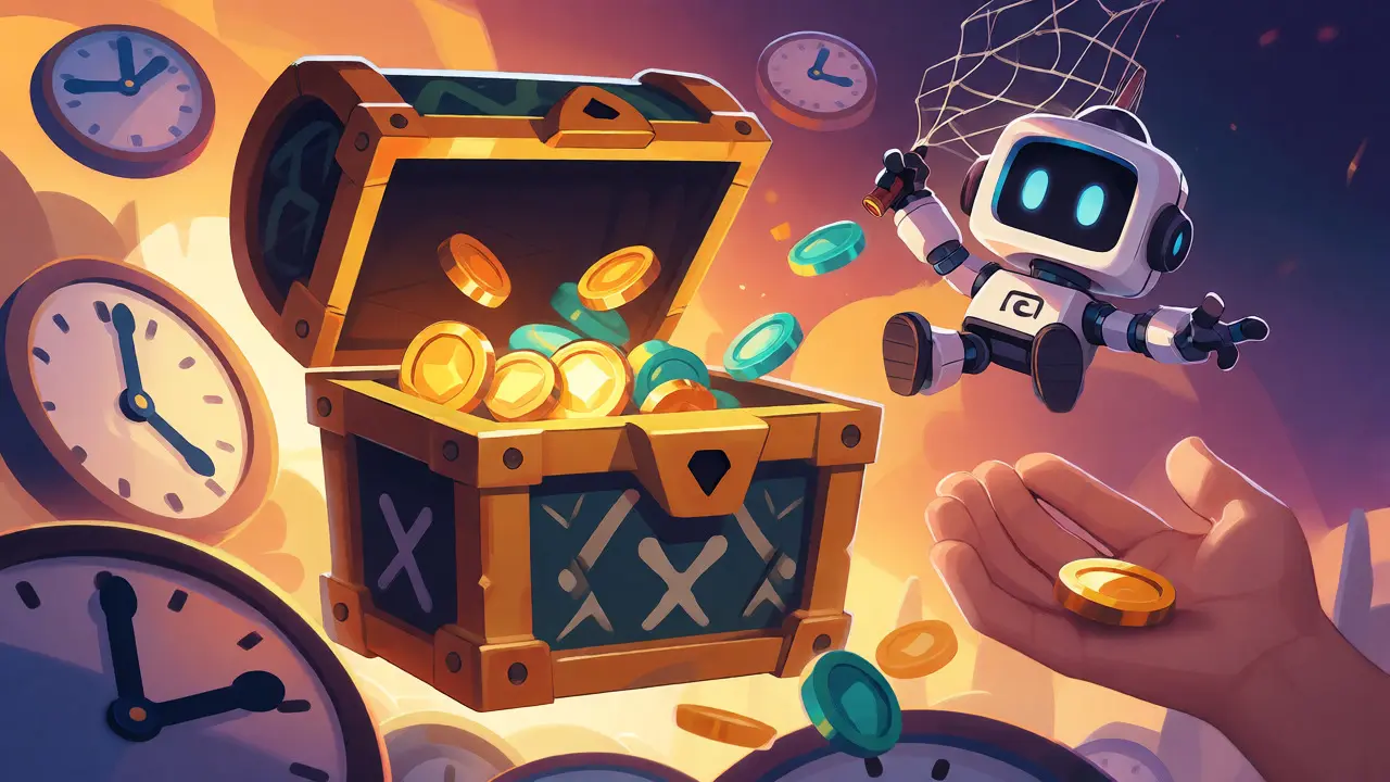 Robot catching falling coins from a burst treasure chest