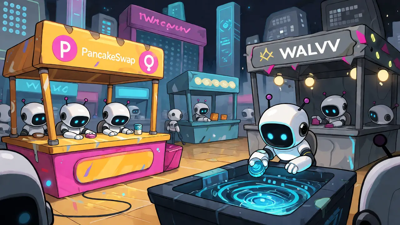 Robots trading WALV in a DeFi marketplace highlighting liquidity pools and volatility