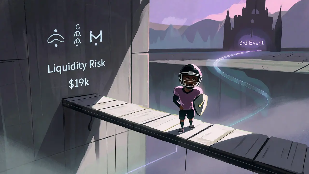Solitary character standing on a narrow bridge of low liquidity, facing risks and an unverified future event.