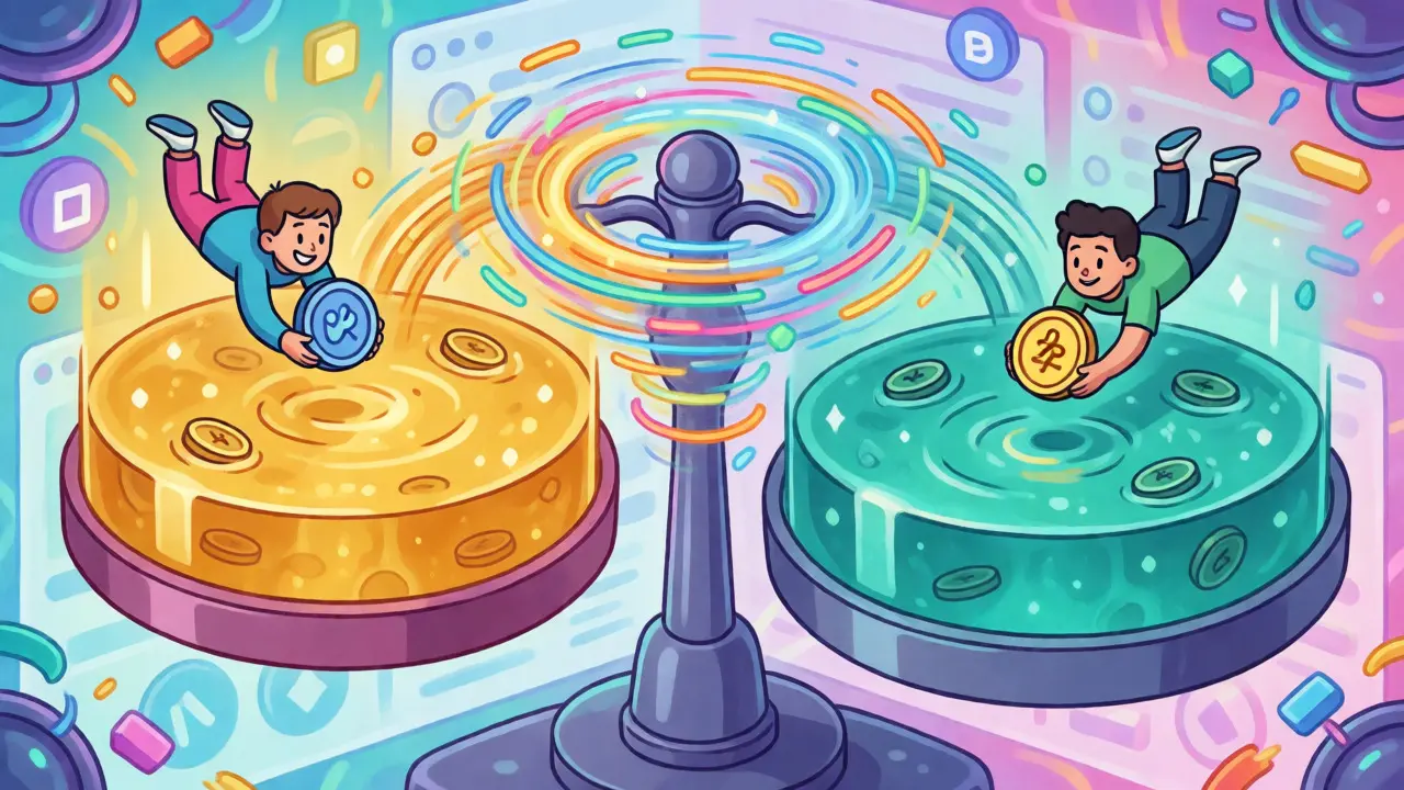 Stylized AMM pools with users swapping tokens in a vibrant DeFi setting