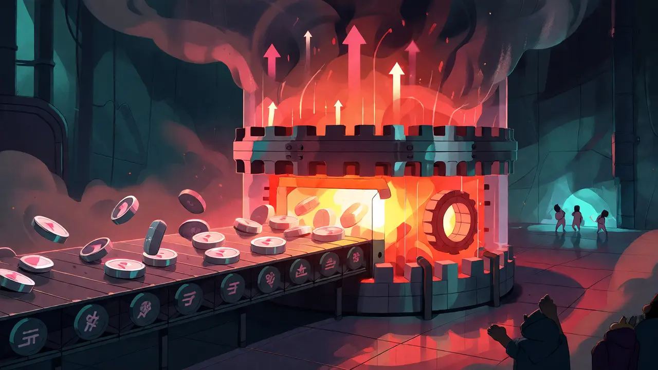 Stylized furnace burning tokens to reduce supply, surrounded by industrial machinery.