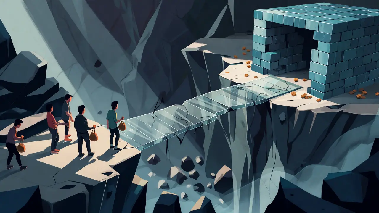Users hesitate to cross a fragile glass bridge over a chasm of risks toward a fortress of audited security.