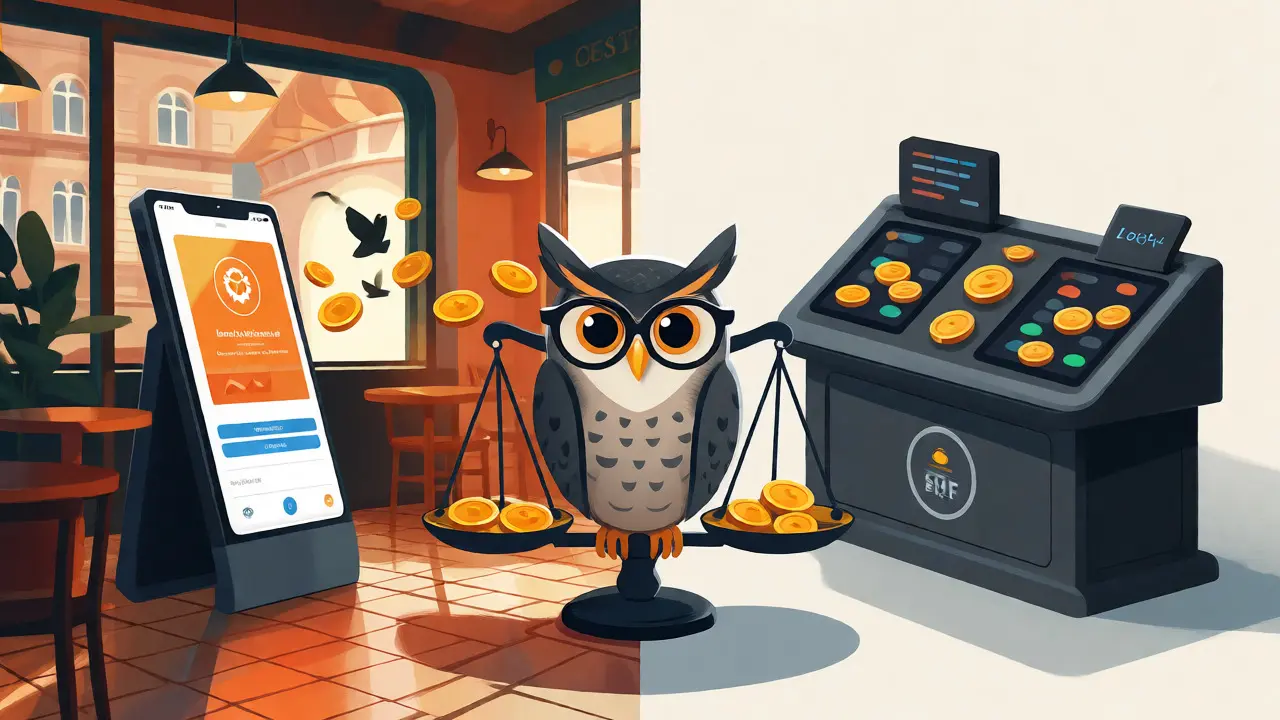Visual metaphor comparing instant buy convenience with lower fee trading