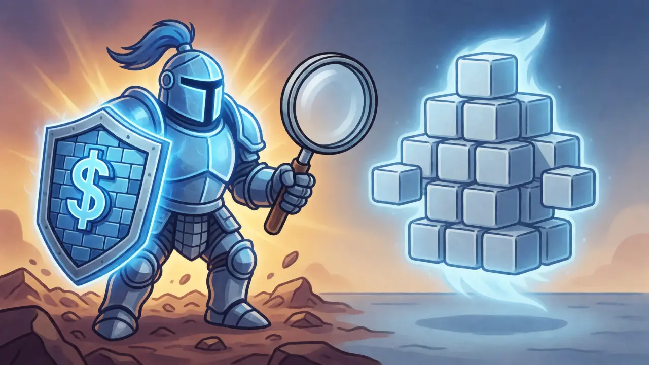 Visual metaphor contrasting collateral-backed stablecoin and fixed-supply token