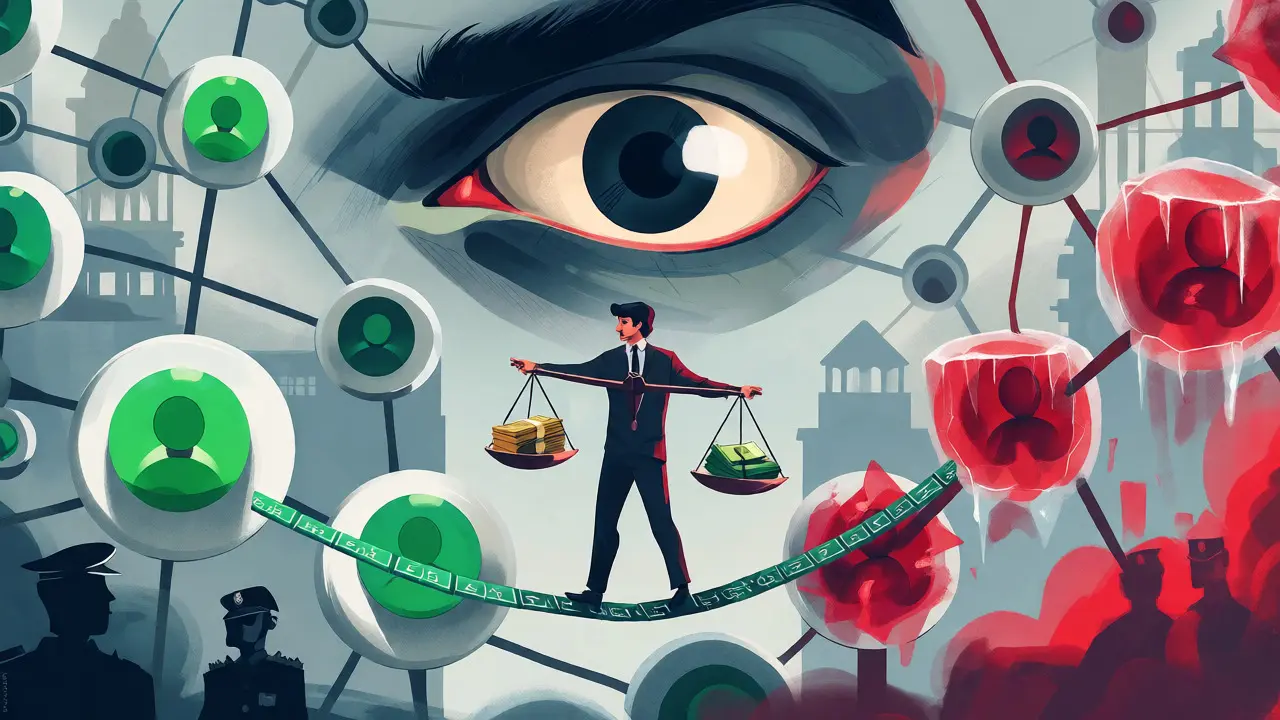 Visual metaphor of traders balancing crypto risks under central bank surveillance