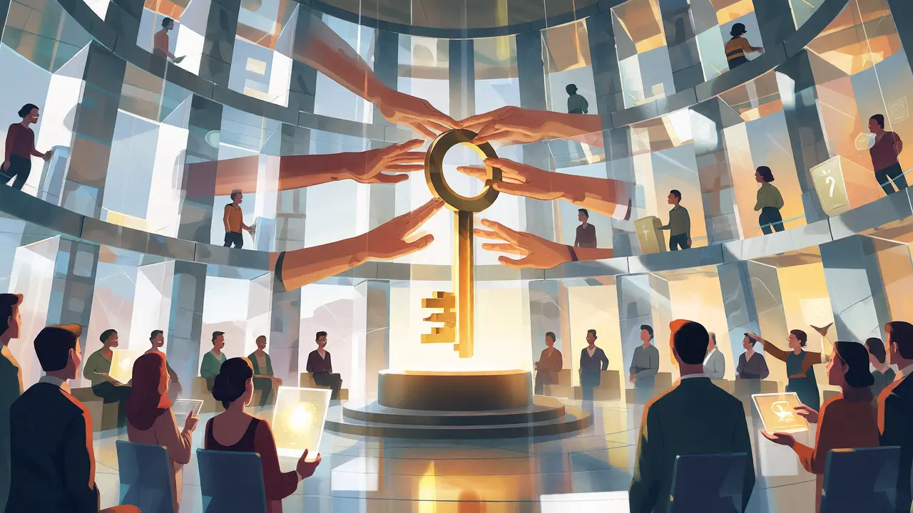 Decentralized governance chamber with multiple hands holding a central key symbolizing shared control.
