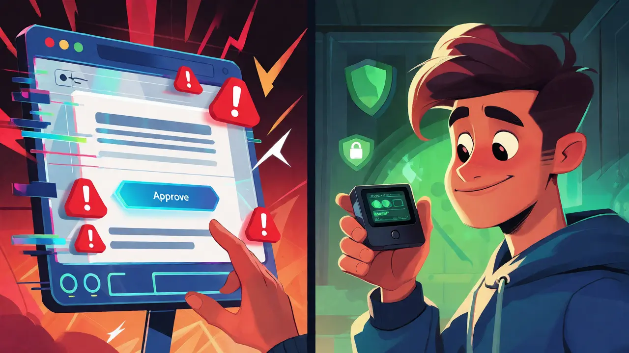 Split view comparing a risky browser approval process with a secure hardware wallet interaction.